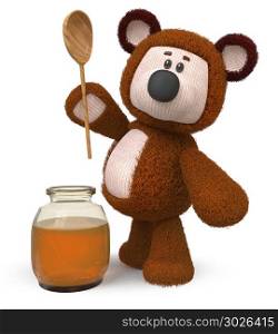 3d illustration a toy bear with a vessel of nectar. 3d illustration bear with honey jar