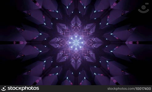3d illustration abstract art visual background with shiny geometric flower shaped neon purple ornament and sparkles as interior of futuristic tunnel. Futuristic violet geometric pattern 3d illustration