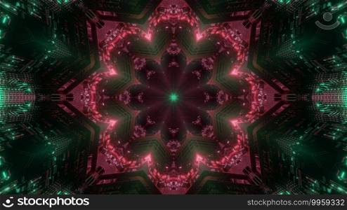 3d illustration abstract background design of virtual endless space tunnel with glowing red floral ornament in darkness with green sparkles. Red flower shaped space tunnel 3d illustration background