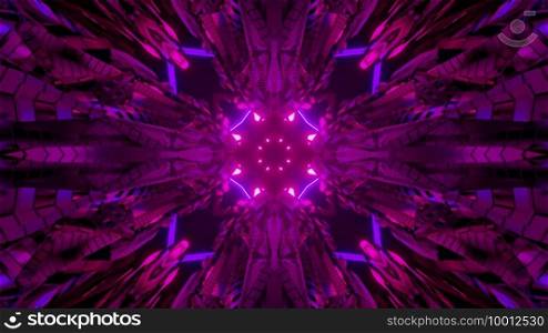 3d illustration abstract background with shiny kaleidoscopic ornament and geometric lines creating optical illusion of futuristic tunnel with neon illumination in pink and purple colors. Ornamental futuristic design with glowing lights 3d illustration