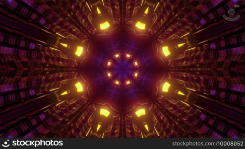3d illustration abstract background with shiny lights reflecting in dark tunnel with geometric flower shaped hole. Glowing tunnel with flower shaped design 3d illustration