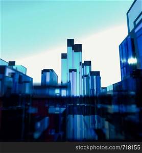 3D Illustration Abstract cityscape of three dimensional blue and red rectangular glass polygons against a blue sky with glow on the horizon