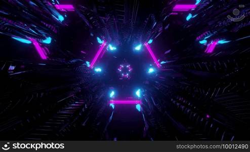 3d illustration abstract futuristic background with shiny blue and pink neon lights forming triangle shape with blur effect in dark space. Colorful neon lights in darkness 3d illustration