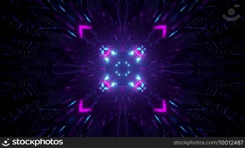 3d illustration abstract sci fi background with effect of motion through dark space tunnel with symmetric geometric illumination in pink and blue neon lights. Space tunnel with neon lights 3d illustration