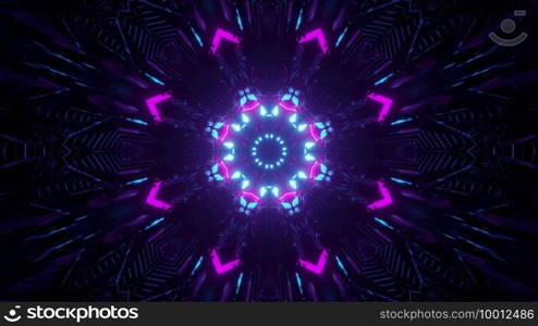3d illustration abstract sci fi background with glowing neon colorful geometric pattern in darkness with traces of lights creating effect of motion. Shiny crystal shaped ornament in darkness 3d illustration