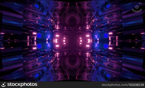 3d illustration abstract sci fi background with motion effect through dark tunnel with mirrored surface reflecting bright colorful neon lights. Futuristic neon illumination in dark tunnel 3d illustration