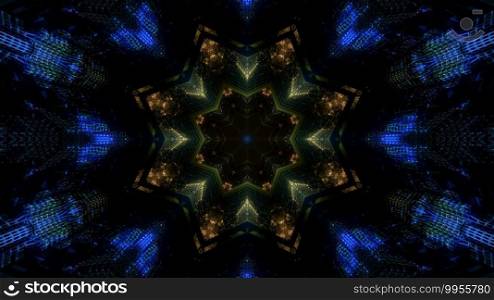 3d illustration abstract visual background design with luminous colorful flower shaped kaleidoscopic ornament on dark backdrop. Abstract kaleidoscopic 3d illustration background