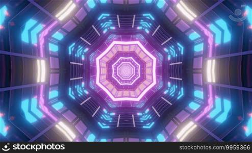 3d illustration abstract visual background of interior of octagonal corridor of futuristic building with symmetric design and colorful neon illumination. Sci fi design of luminous tunnel 3d illustration