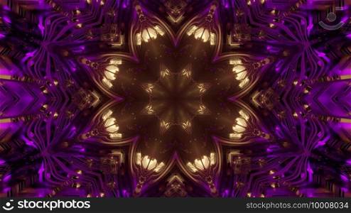 3d illustration abstract visual background with bright golden flower pattern and glowing purple lines. Shiny floral pattern with light effect 3d illustration