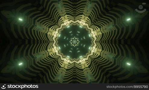3d illustration background of abstract green colored sci fi teleportation tunnel in shape of flower with glowing neon rays. Symmetrical abstract flower with neon lights 3d illustration design