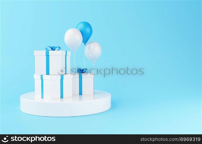 3d illustration. Balloons and gift boxes on blue background. Minimal and Birthday party concept.