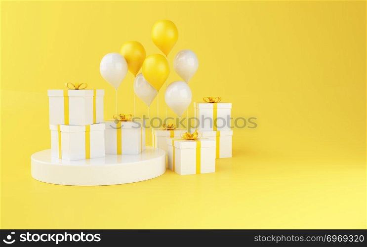 3d illustration. Balloons and gift boxes on yellow background. Minimal and Birthday party concept.