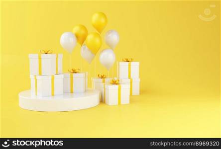 3d illustration. Balloons and gift boxes on yellow background. Minimal and Birthday party concept.