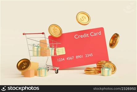 3d illustration banner, Shopping by using credit card
