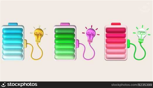 3D illustration. Battery icon with charge level indicator and glowing bulb. minimalist cartoon style