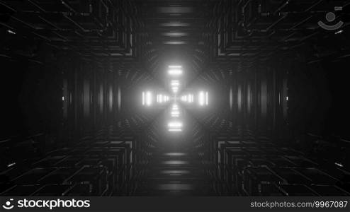 3d illustration black and white abstract visual background of virtual circular dark tunnel with glowing cross shaped neon lights in center and reflections. Futuristic tunnel with light effects 3d illustration