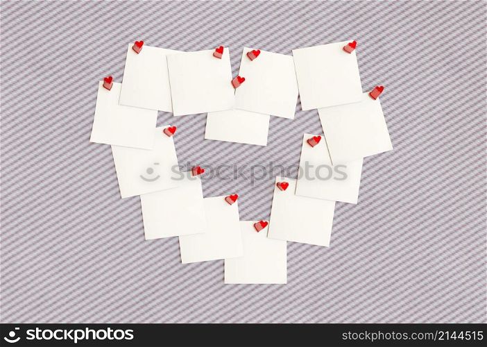 3d illustration. Blank note paper making shape of heart pinned cork board. space for text