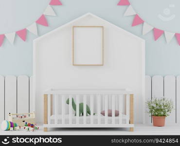 3D illustration, Blank photo frame for mockup in the children bedroom, Interior scandinavian style in Kids Bedroom with pastel theme,  rendering