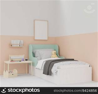 3D illustration, Blank photo frame for mockup in the children bedroom, Interior scandinavian style in Kids Bedroom with pastel theme,  rendering