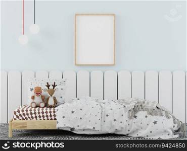 3D illustration, Blank photo frame for mockup in the children playroom, Interior scandinavian style in Kids equipment with pastel theme,  rendering