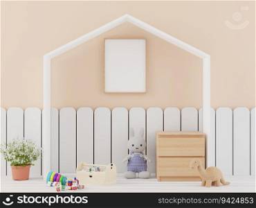 3D illustration, Blank photo frame for mockup in the children playroom, Interior scandinavian style in Kids equipment with pastel theme,  rendering