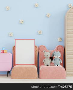 3D illustration, Blank photo frame for mockup in the children playroom, Interior scandinavian style in Kids equipment with pastel theme,  rendering