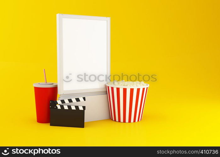 3d illustration. Blank signboard, Cinema clapper board, popcorn and drink on yellow background. Cinema concept.