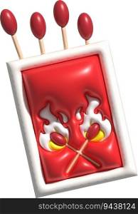 3d illustration burning match with fire, opened matchbox.