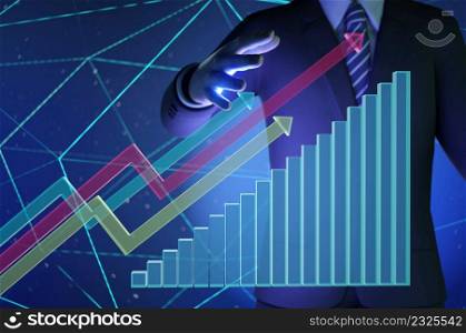 3d illustration. Businessman hand on to stock market finance graph chart exchange money or growth investment global economy analysis rate on economic technology background