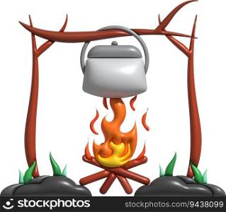3D illustration. C&ing stove cooking pot. On a wood-fired fire.