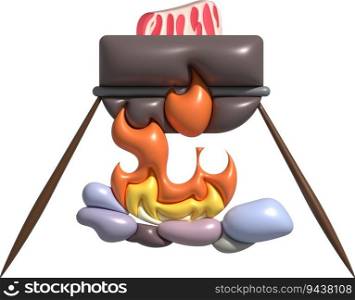 3D illustration. C&ing stove cooking pot. On a wood-fired fire.