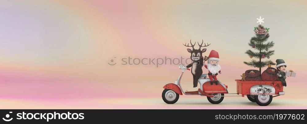 3d illustration. Christmas Sale Promotion Template . Concept shopping online Santa Claus and deer a vintage scooter . COPY SPACE for logo and text