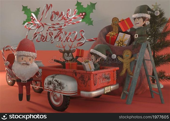 3d illustration. Christmas Sale Promotion Template . Concept shopping online Santa Claus and elf a vintage scooter . COPY SPACE for logo and text