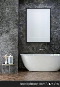 3D illustration Classic luxury chic bathroom with barhtub, mockup photo frame on beautiful stone wall,  rendering