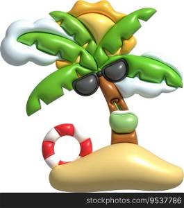 3d illustration Coconut tree wearing sunglasses drinking coconut water Cloud floats and surfboards in summer