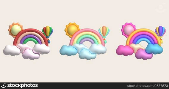 3D illustration Colorful rainbow, clouds, sun and balloons. minimal style.