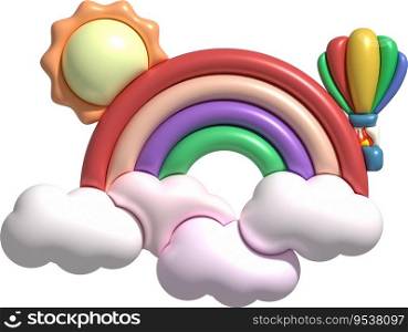  3D illustration Colorful rainbow, clouds, sun and balloons. minimal style.