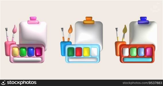 3D illustration coloring equipment Paint tray and brushes. minimal style.