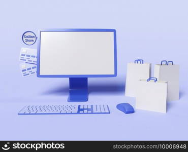 3D Illustration. Computer with paper bags and credit cards. Online shopping and e-commerce concept.