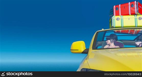 3d illustration, concept we go to the beach, car heading to the beach driven by a woman, loaded with suitcases that fly out
