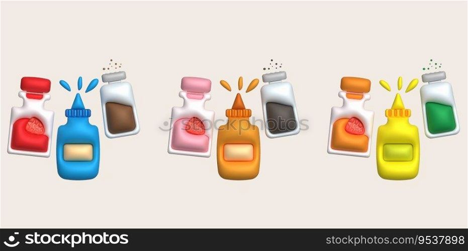 3d illustration condiment bottle set, sauce bottle for cooking. used for cooking. minimal style.