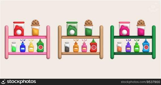 3d illustration Condiment shelves with bottles for seasoning powder, sauce bottles, used for cooking. minimal style.