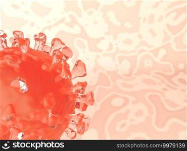 3D Illustration. Coronavirus virus cell in a liquid. Microscopic view of a infectious virus. Covid-19 concept.