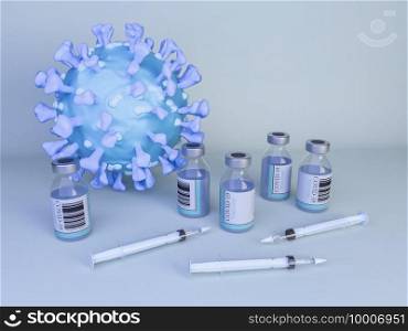 3d illustration. Coronavirus virus cell with covid-19 vaccine and syringes. Medicine and science concept.