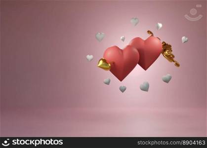 3D Illustration , Couple of  hearts pierced by arrow  . CONCEPT Valentine card, party, design, flyer, poster, decor, banner, web, advertising.