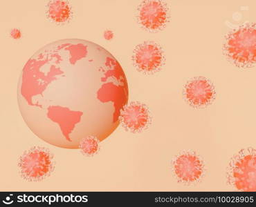 3D Illustration. Covid-19 cells around a globe earth. Covid-19 and pandemic concept.