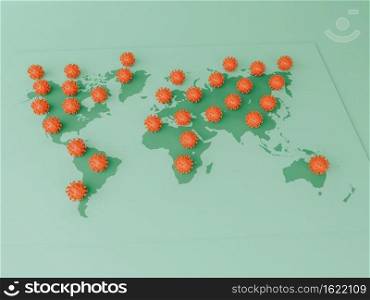 3D Illustration. Covid-19 cells on a world map. Pandemic outbreak of coronavirus. Covid-19 concept.