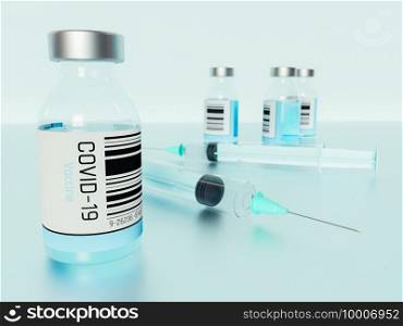 3D Illustration. Covid-19 vaccine bottles with syringes. Medicine and science concept.
