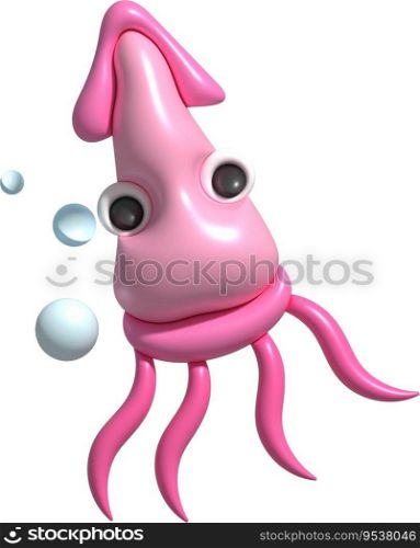  3D illustration Cute underwater animals squid and octopus. minimal style.