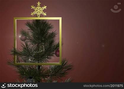 3d illustration. Decorated Christmas tree on blurred red background . Copy space for logo and text